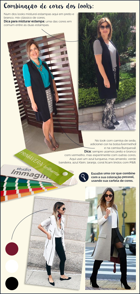 Num dos looks misturei estampas aqui em preto e branco, mix clássico de cores. Dica para misturar estampa: uma das cores em comum entre as duas estampas. No look com camisa de seda, adicionei cor na bolsa (vermelho) e na camisa (turquesa). Dica: sempre usamos preto e branco com vermelho, mas experimente com outras cores. Aqui usei um azul turquesa, mas amarelo, verde bandeira, azul Klein, laranja, coral ficam lindos com P&B. Escolha uma cor que combine com a sua coloração pessoal, usando sua cartela de cores.