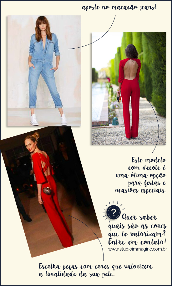 Aposte no macacão Jeans! - Este modelo com decote é uma ótima opção para festas e ocasiões especiais. - Escolha peças com cores que valorizem a tonalidade da sua pele. Quer saber quais são as cores que te valorizam? Entre em contato: staging.studioimmagine.com.br