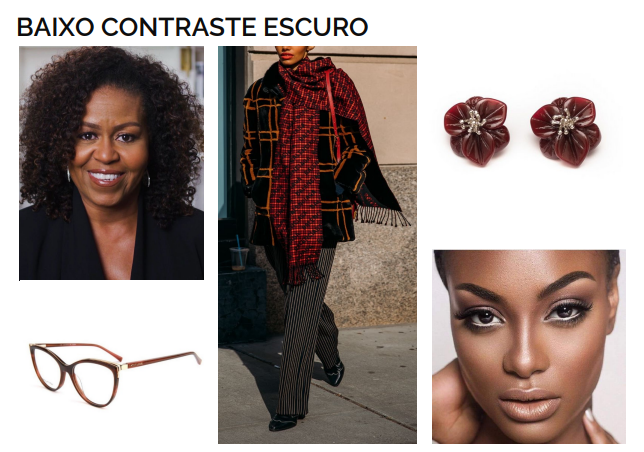 Exemplo de armação de óculos, roupa e brinco no baixo contraste escuro