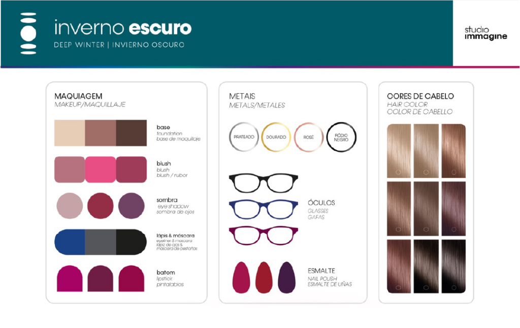 cores de cabelo, maquiagem, metais, óculos e esmaltes do Inverno Profundo (Inverno Escuro)