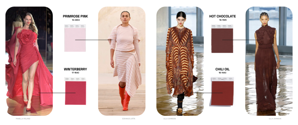 cores da moda outono inverno 2025/26: primrose pink, winterberry, hot chocolate, chili oil.