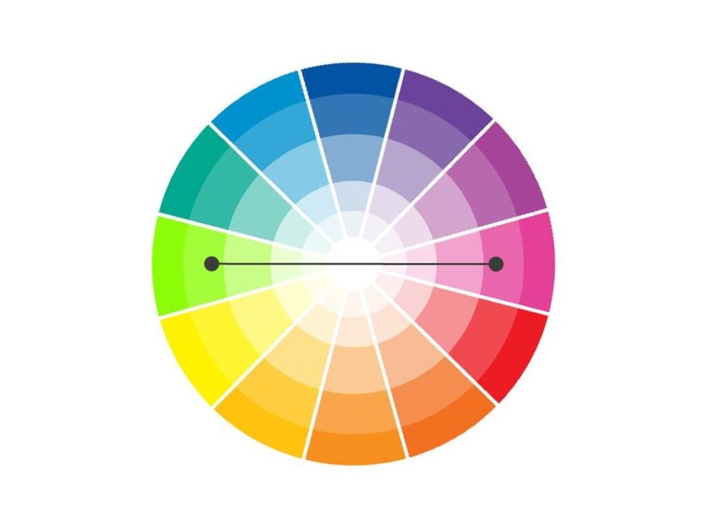 combinação complementar no círculo cromático: rosa e verde.